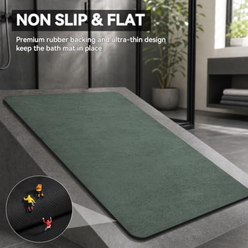 MontVoo -Bath Mat Rug-Rubber Backing Non Slip Quick Dry Absorbent Thin Bathroom Rugs Fit Under Door-Faux Suede Surface Bathroom Floor Mats-Shower Rug for in Front of Bathtub Shower Green 17"x27.5"