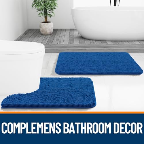 OLANLY Chenille Bathroom Rugs Sets 2 Piece, 24"x16"+24"x20", Deep Navy Blue