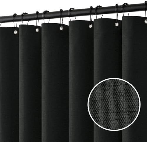 MIULEE W60*L84 Extra Long Linen Shower Curtain Black 10 Metal Hooks