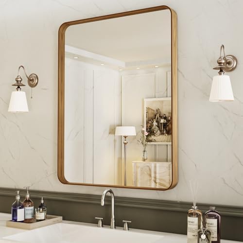 LOAAO 28X36 Bathroom Mirror with Wood Grain Colored Metal Frame
