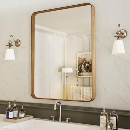 LOAAO 28X36 Bathroom Mirror with Wood Grain Colored Metal Frame