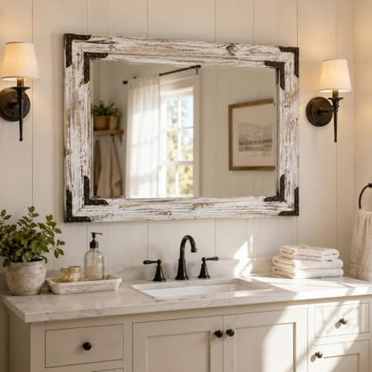 Distressed White 30x40 Inch Wood Bathroom Vanity Mirror, Rivets