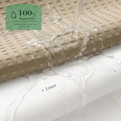 Dynamene Beige Hook Free Waffle Shower Curtain & Snap-in Fabric Liner,72x83
