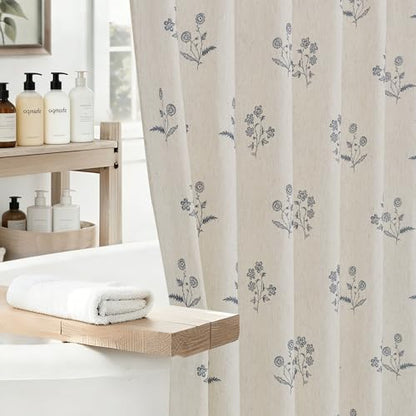 ORTIGIA Linen Shower Curtain Farmhouse Vintage Blue Floral Shower Curtains Navy Boho Rustic Block Print Cottagecore Decor for Bathroom 72 W x 72 L