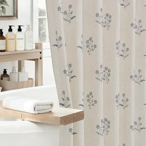 ORTIGIA Blue Floral Linen Shower Curtain 72 W x 84 L Farmhouse Vintage Long Shower Curtains Boho Rustic Block Print Cottagecore Decor for Bathroom