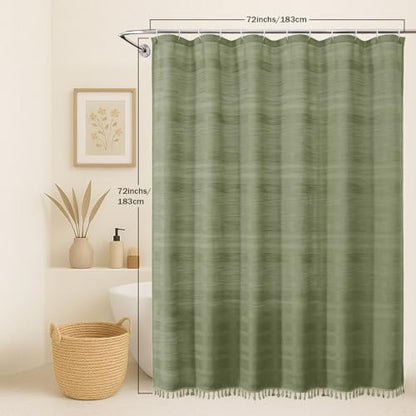 OVZME Sage Green Shower Curtain for Bathroom, Boho Linen Textured Shower Curtain with Tassel, Rustic Striped Heavy Duty Vintage Country Bathroom Curtain, 72Wx72L Inches