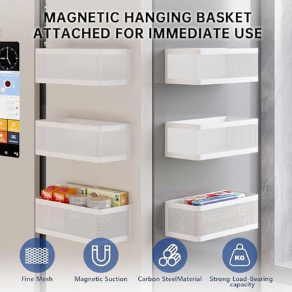 1 Magnetic Spice Rack For Refrigerator Hanging Shelf Wall Mount Kitchen Gadgets Shelves Magnet Organization (White, 13.8''L*5.1''W*3.9''H)