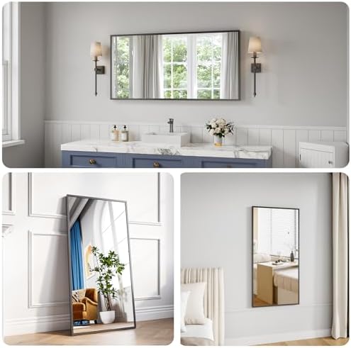 Koonmi Bathroom Mirror for Wall, 24"x48" Black Bathroom Mirror for Over Sink, Shatterproof Tempered Glass Vanity Mirror with Anti-Rust Aluminum Alloy Frame, Hang Horizontally or Vertically