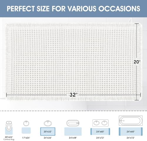 ACCUMTEK Upgraded Waffle Bath Mat, 32"x20" White, Super Absorbent Non-Slip Quick Dry Bathroom Rugs with Tassels, Machine Washable Ultra Soft Boho Bath Rugs for Floor, Toilet Mats Boho Farmhouse Decor