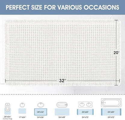 ACCUMTEK Upgraded Waffle Bath Mat, 32"x20" White, Super Absorbent Non-Slip Quick Dry Bathroom Rugs with Tassels, Machine Washable Ultra Soft Boho Bath Rugs for Floor, Toilet Mats Boho Farmhouse Decor