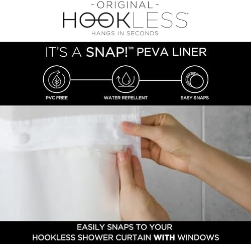 Hookless® It’s A Snap!® PEVA Snap-In Shower Curtain Liner, Water-Repellant, Easy Install, Frost White Color