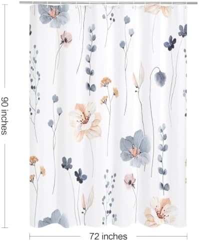 Gibelle Blue Beige Watercolor Floral Fabric Shower Curtain, 72x90
