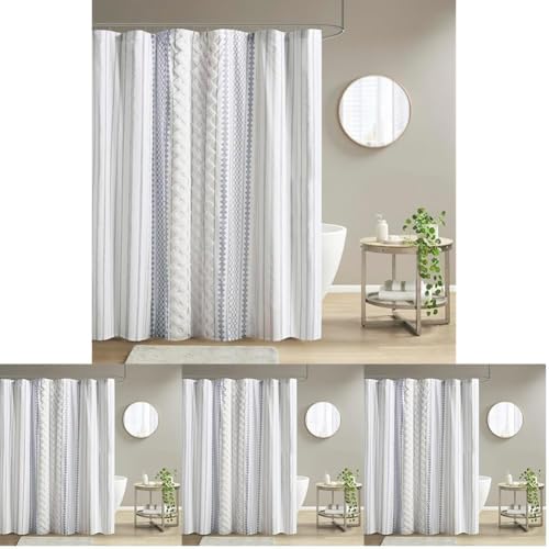INK+IVY Tufted Chenille 100% Cotton Shower Curtains Machine Washable, Modern Home Bathroom Décor Bathtub Privacy Screen, 72" W x 72" L, White/Navy (Pack of 4)