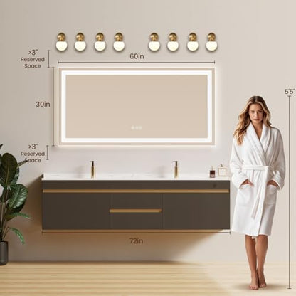 60"x30" LED Bathroom Mirror with Anti-Fog, Backlit & Front Lights, Memory
