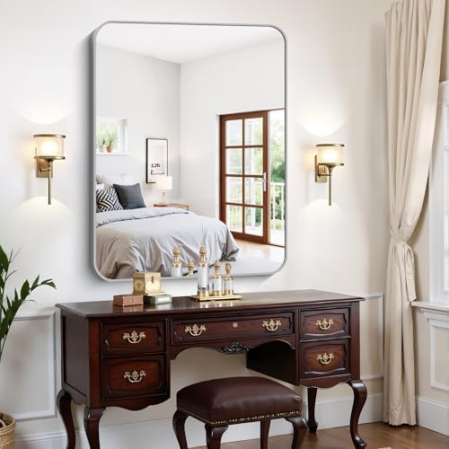 FORBATH 36x48 Inch Silver Bathroom Mirror for Over Sink, Large Rectangular Wall Mirror with Metal Frame, Rounded Corners for Bathroom, Bedroom, Entryway Decor (Horizontal or Vertical)