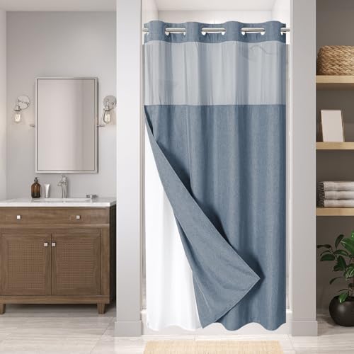 eachope No Hook Linen Texture Shower Curtain and Liner Set,54x80 Blue Grey