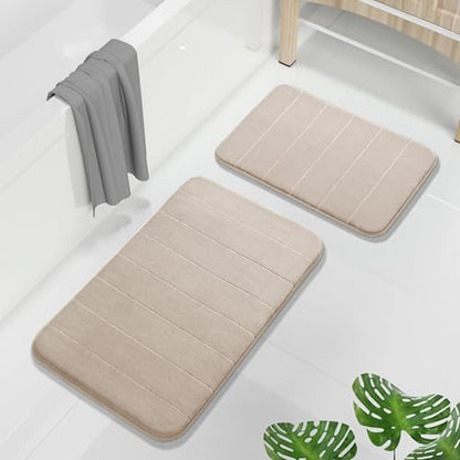 Yimobra Memory Foam Bathroom Rugs Sets 2 Piece - Super Soft Absorbent Quick Dry Bath Mat Set, Machine Washable Non Slip Floor Carpet for Tub Shower & Single Sink (17x24 & 31.5x20 Inch, Beige)