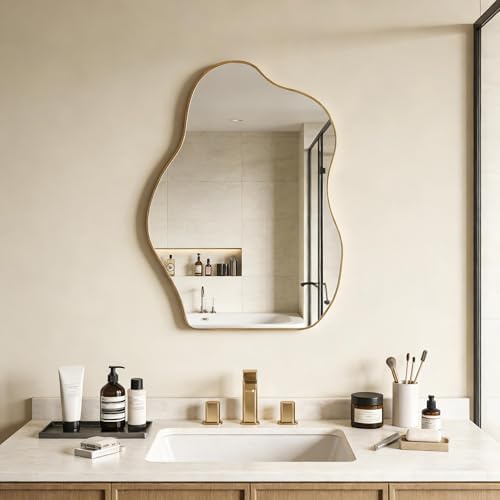 Irregular Asymmetrical Wall Mirror, 28x20 Inch Gold Bathroom Mirror