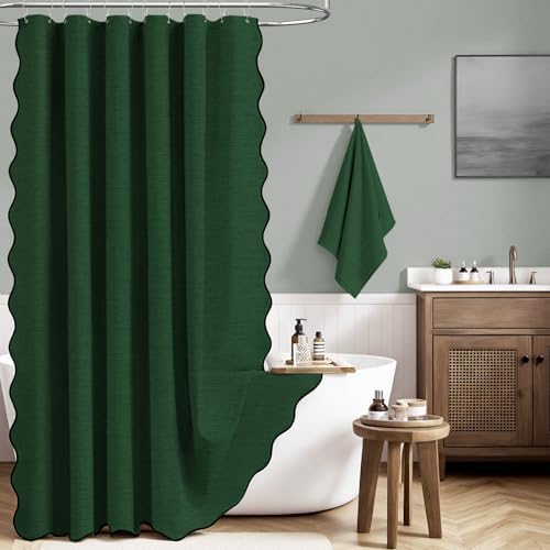 BTTN Boho Scalloped Linen Textured Cloth Shower Curtain Set, 72x84, Emerald