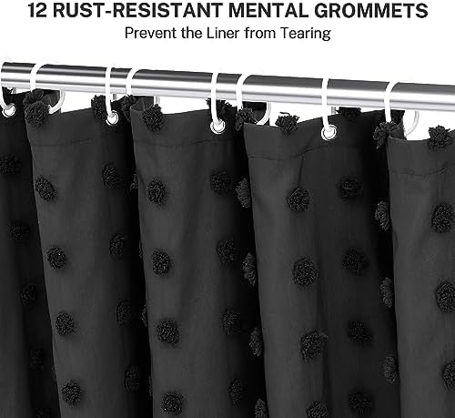 Siiluminisoy Extra Long Black Boho Shower Curtain Woven Fabric Cute Shower Curtain, 72 x 78 Tufted Pleat Floral Textured Modern Farmhouse Minimalist Shower Curtain Set with Hooks for Bathroom