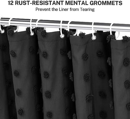 Siiluminisoy Extra Long Black Boho Shower Curtain Woven Fabric Cute Shower Curtain, 72 x 78 Tufted Pleat Floral Textured Modern Farmhouse Minimalist Shower Curtain Set with Hooks for Bathroom