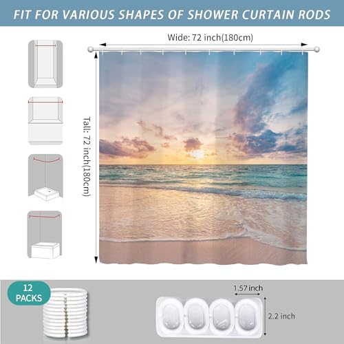 Ocean Beach Coastal Sea Scene Shower Curtain for Bathroom 72W*72H Inch Seaside Nautical Summer Sunset Sunrise Beachy Bathtub Decor Waves Seacoast Hawaiian Aesthetic Waterproof Polyester Fabric