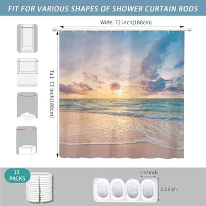 Ocean Beach Coastal Sea Scene Shower Curtain for Bathroom 72W*72H Inch Seaside Nautical Summer Sunset Sunrise Beachy Bathtub Decor Waves Seacoast Hawaiian Aesthetic Waterproof Polyester Fabric