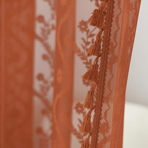 WAZZIO Bunrt Orange Lace Shower Curtain for Bathroom 72" W x 84" L, Victorian Farmhouse Floral Pattern Tassel Fancy Shower Curtain Boho Washable Cloth Decorative Bath Curtains,1 Panel