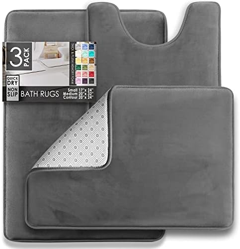 Clara Clark 2 Piece Bathroom Rugs Bath Mat Set, Velvet Memory Foam Bath Mats for Bathroom - Non-Slip, PVC Backing Bath Rugs, Washable - Dries Quickly, Grey