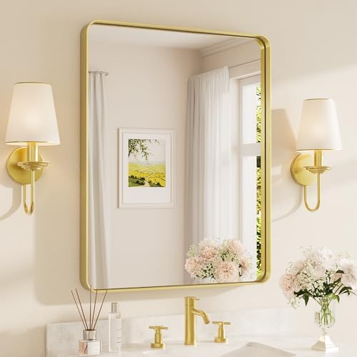 TETOTE Gold Vanity Mirror 28 x 36 Inch for Bathroom Over Sink Metal Framed Mirror Modern Farmhouse for Living Room Entryway(Horizontal/Vertical)