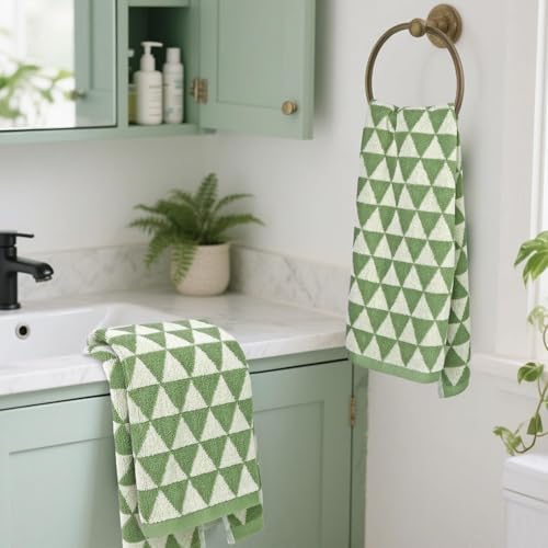Green Hand Towels for Kitchen & Bathroom (Geometric Triangle), 2 Pack