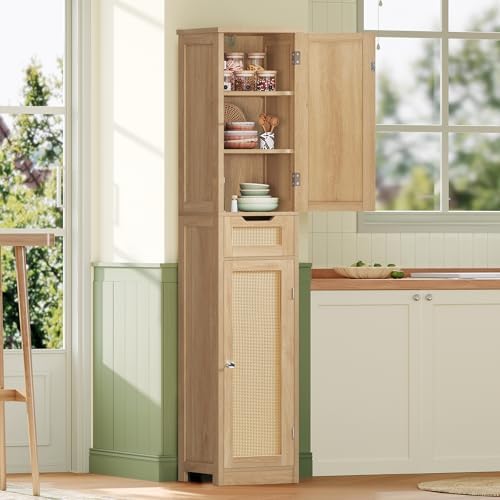 Iwell Tall Bathroom Cabinet, Slim Narrow Storage Cabinet with Adjustable Shelves, Rattan Cabinets with 1 Drawer, for Bathroom, Living Room, Entryway, Kitchen, Nature
