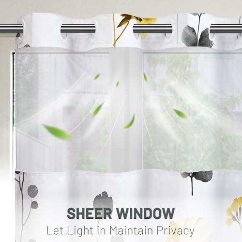 WITHLOC No Hook Floral Shower Curtain with Liner, Yellow Gray, 71x74