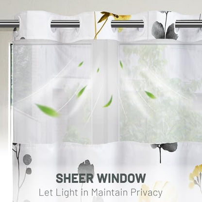 WITHLOC No Hook Floral Shower Curtain with Liner, Yellow Gray, 71x74