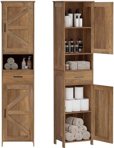 Homhedy 67" H Tall Bathroom Storage Cabinet with Barn Doors and Drawer