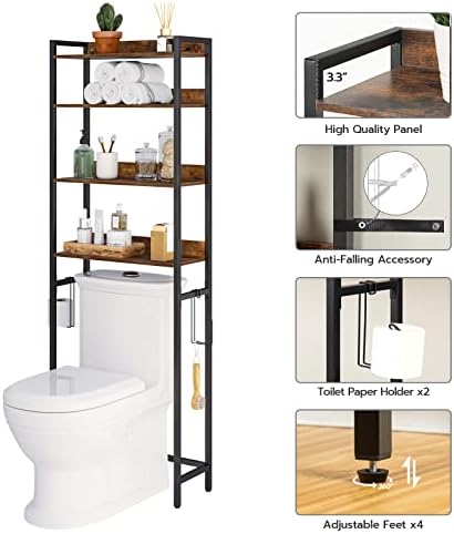 MAHANCRIS Over The Toilet Storage Rack, 4 Tier Bathroom Organizer Over Toilet, Freestanding Space Saver Toilet Stand with 2 Hooks, Bathroom Storage Shelf, Easy to Assemble, Rustic Brown TSHR0401Z