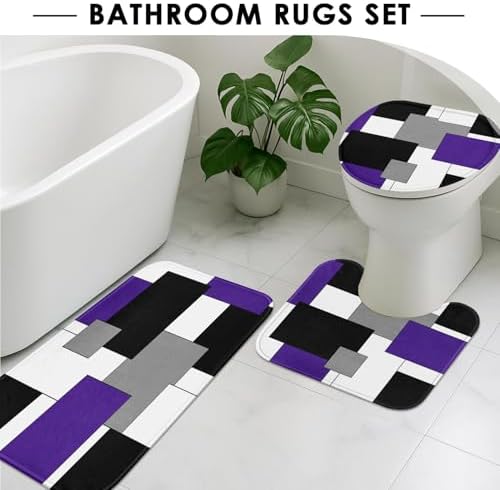 Bathroom Sets with Shower Curtain and Rugs, 4 Pcs, Geometric Purple