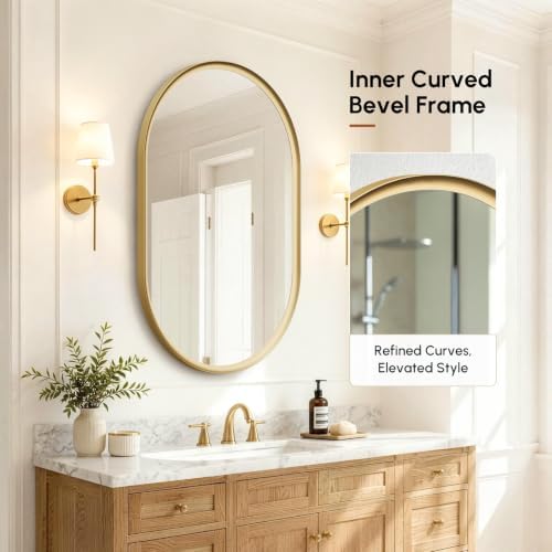 USHOWER Brushed Gold Pill Oval Mirror for Bathroom 24x36 Inch