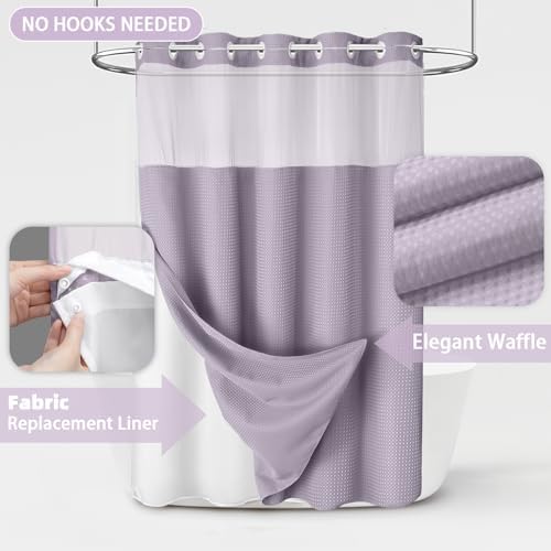 No Hook Shower Curtain with Liner Set Hotel Waffle Lavender 72W X 75L