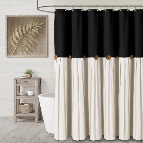 Farmhouse Shower Curtain Linen Button Black-Cream 72" W x 72" L