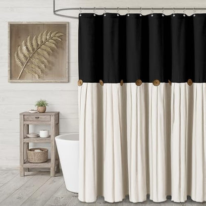Farmhouse Shower Curtain Linen Button Black-Cream 72" W x 72" L