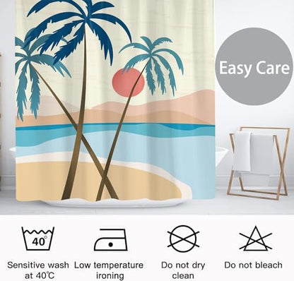 Beach Shower Curtain, Summer Boho Tropical Palm Tree Sunset Mid Century Abstract Modern Bathroom Decor, Waterproof Fabric Polyester Bathroom Curtain with 12 Hooks 72x72 in