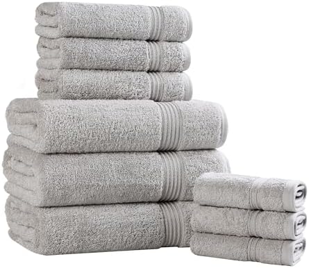 SUPERIOR Egyptian Cotton 9-Piece Towel Set, Assorted Towels for Home Bathroom, Guest Bath Decor Essentials, Includes 3 Bath, 3 Hand, 3 Face Towels/Washcloths, Quick Dry, Absorbent - Silver