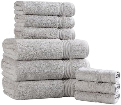 SUPERIOR Egyptian Cotton 9-Piece Towel Set, Assorted Towels for Home Bathroom, Guest Bath Decor Essentials, Includes 3 Bath, 3 Hand, 3 Face Towels/Washcloths, Quick Dry, Absorbent - Silver