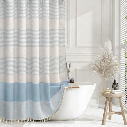 Aqua Blue Coastal Ocean Linen Striped Shower Curtain with Tassel 72W X 72L