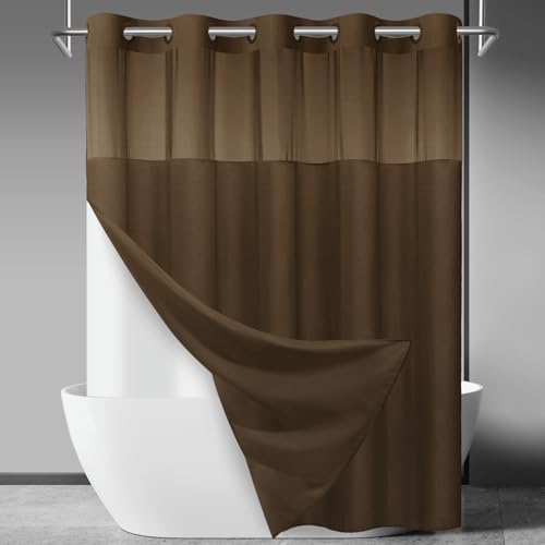 SORTTO No Hook Slub Shower Curtain with Liner, 71x74, Chocolate