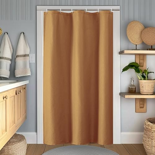 OWENIE Gold Stall Shower Curtain for Bathroom, 3D Embossed Textured Fabric Small Shower Curtain for Narrow Stall Size, Machine Washable Water Resistance, Hotel Style, 36" W x 72" L