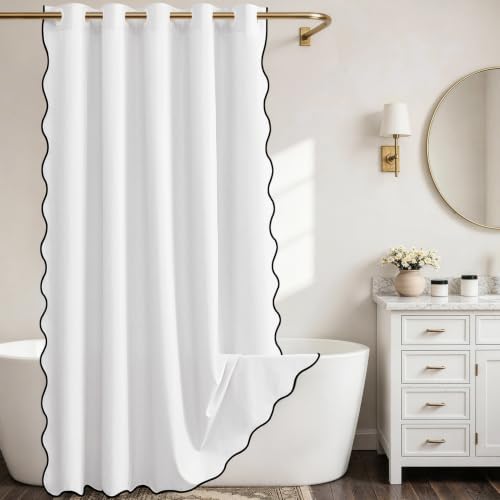 Furlinic Scalloped Shower Curtain 72x78 White No Hook Boho Linen Waterproof
