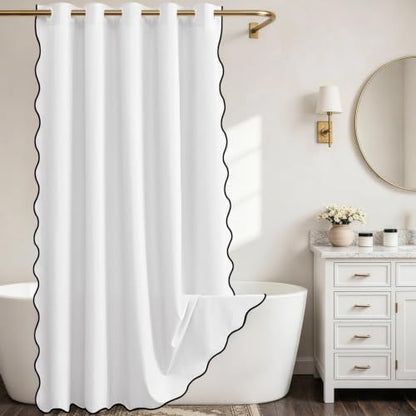 Furlinic Scalloped Shower Curtain 72x78 White No Hook Boho Linen Waterproof
