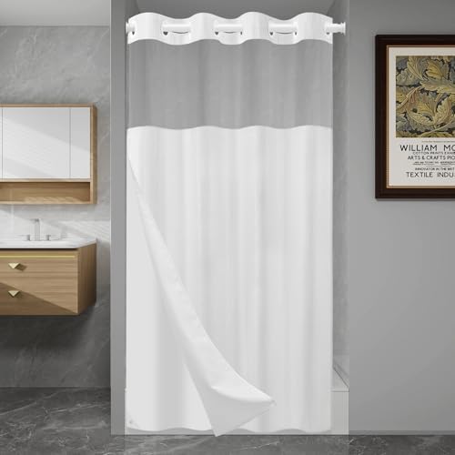 SORTTO No Hook Waffle Shower Curtain with Snap in Liner Set, 54x74, White